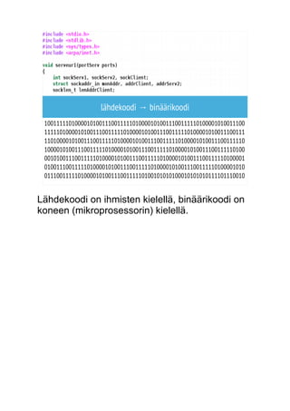 lähdekoodi → binäärikoodi 
100111110100001010011100111110100001010011100111110100001010011100 
111110100001010011100111110100001010011100111110100001010011100111 
110100001010011100111110100001010011100111110100001010011100111110 
100001010011100111110100001010011100111110100001010011100111110100 
001010011100111110100001010011100111110100001010011100111110100001 
010011100111110100001010011100111110100001010011100111110100001010 
011100111110100001010011100111110100101010100010101010111101110010 
Lähdekoodi on ihmisten kielellä, binäärikoodi on 
koneen (mikroprosessorin) kielellä. 
 