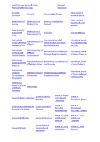 Health Sciences, Nursing & Health
Professions,Pharamacology
Historical
Materialism
IGI Global
Journals(8)
Immunity Immunological Reviews
Indian Journal of
History of Science
Indian Journal of
Leprosy
Indian Journal Of
Medical Ethics
Indian Journal of Medical
Research
Indian Journal of
Preventive & Social
Medicine
Indian journal of
Public Health
(P+O)
Indian Journal of
Tuberculosis (P+O)
Innovation Institute of Physics
International
Journal Of Artificial
intelligence Tools
International Journal
of Cancer
International journal of
Communication Networks &
Distributed Systems
International journal
of Energy Technology
and Policy
International
Journal of High
Speed Computing
International Journal
of Mobile
Communication
International journal of Mobile
Networks Design &Innovation
International Journal
of Modern Physics :A
International
Journal of Modern
Physics: B
International journal
of Radiation Biology
International Journal of Security
and Networks
International journal
of Sensor Networks
International
Journal of
Technology and
Globalization
International Journal
of Toxicology
International journal of Web
Based Communities
International journal
of Wireless & Optical
Communications
International
Journal of Wireless
and Mobile
Computing
Intervirology
Jouranl of Quality Technology
Journal of Algebraic
Geometry
Journal of Applied
Metrology and
Climatology
Journal of
Atmospheric Science
Journal of Bioinformatics and
Computational Biology
Journal of Biological
Chemistry
Journal of
Biomedical
Nanotechnology
Journal of
Biomolecular
Structure & Dynamics
Journal of Cell Biology Journal of Cell Science
Journal of Cellular
and Molecular
Medicine
Journal of Circuits,
Systems and
Computers
Journal of Climate
Journal of Clinical
Endocrinology &
Metabolism
Journal of Clinical
Investigation
Journal of Coastal
Research
 