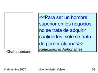 11 diciembre 2007 Vicente Martín Valero <<Para ser un hombre superior en los negocios no se trata de adquirir cualidades, sólo se trata de perder algunas>>   Reflexions et Aphorismes Chateaubriand 