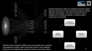 Genetic Algorithms (GAs) are adaptive heuristic search
                                                               algorithm premised on the evolutionary ideas of natural
                                                               selection and genetic. The basic concept of GAs is
                ...                                            designed to simulate processes in natural system
                                                               necessary for evolution.

                                                                                      Population
                                                                                    (Chromosomes)




                                                         ...
                                       ...
                                                                        Genetic                       Evaluation
                                                                       operators                       (Fitness)




Artificial neural networks (ANNs) are very powerful brain-inspired                     Selection
                                                                                     (Mating Pool)
computational models, which have been used in many different
                                                                                                                   12
areas such as engineering, medicine, finance, and many others.
 