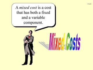 3 -11
A mixed cost is a cost
that has both a fixed
and a variable
component.
 