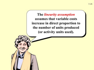 3 -26
The linearity assumption
assumes that variable costs
increase in direct proportion to
the number of units produced
(or activity units used).
 