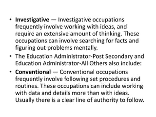 • Investigative — Investigative occupations
frequently involve working with ideas, and
require an extensive amount of thinking. These
occupations can involve searching for facts and
figuring out problems mentally.
• The Education Administrator-Post Secondary and
Education Administrator-All Others also include:
• Conventional — Conventional occupations
frequently involve following set procedures and
routines. These occupations can include working
with data and details more than with ideas.
Usually there is a clear line of authority to follow.
 