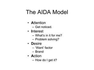 The AIDA Model A ttention Get noticed. I nterest What’s in it for me? Problem solving? D esire ‘ Want’ factor Brand A ction How do I get it? 