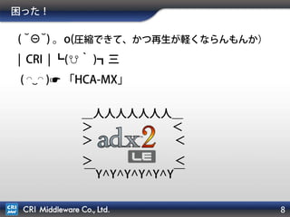 8
＿人人人人人人人＿
＞ ＜
＞ ＜
＞ ＜
￣Y^Y^Y^Y^Y^Y￣
困った！
( ˘⊖˘) 。o(圧縮できて、かつ再生が軽くならんもんか）
¦ CRI ¦ ┗(☋｀ )┓三
( ◠‿◠ )☛ 「HCA-MX」
 