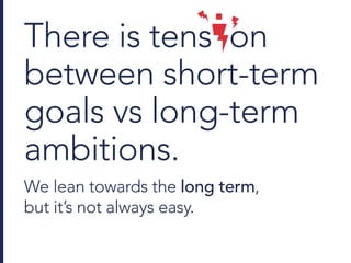 There is tens on
between short-term
goals vs long-term
ambitions.
We lean towards the long term,
but it’s not always easy.
 