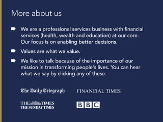 More about us
We are a professional services business with financial
services (health, wealth and education) at our core.
Our focus is on enabling better decisions.
Values are what we value.
We like to talk because of the importance of our
mission in transforming people's lives. You can hear
what we say by clicking any of these.
 