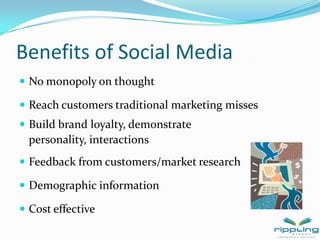 Impact of Social MediaSocial media is not a strategy or tactic, it’s merely a different channel for communicationHow you USE it is your strategyThe Power to define and control a brand is shifting from corporations and institutions to individuals and communities