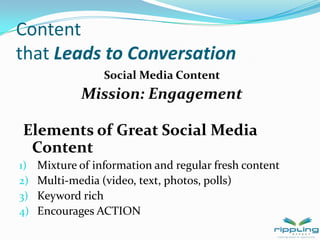 Downside to Social MediaJust because it’s written doesn’t mean it’s trueTime consumingDemand on talent – hard to be exciting 	and interestingLose control of your marketing and messageROI is delayed and hard to measure