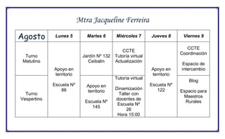 Mtra Jacqueline Ferreira
Agosto Lunes 5 Martes 6 Miércoles 7 Jueves 8 Viernes 9
Turno
Matutino
Apoyo en
territorio
Escuela Nº
86
Jardín Nº 132
Ceibalin
CCTE
Tutoría virtual
Actualización
Apoyo en
territorio
Escuela Nº
122
CCTE
Coordinación
Espacio de
intercambio
Turno
Vespertino
Apoyo en
territorio
Escuela Nº
145
Tutoría virtual
Dinamización
Taller con
docentes de
Escuela Nº
26
Hora 15:00
Blog
Espacio para
Maestros
Rurales
 