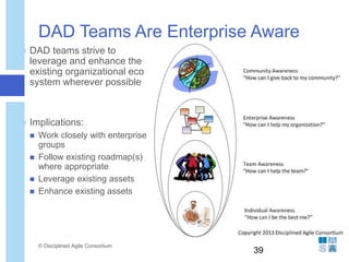 DAD Teams Are Enterprise Aware
 DAD teams strive to
leverage and enhance the
existing organizational eco
system wherever possible
 Implications:
 Work closely with enterprise
groups
 Follow existing roadmap(s)
where appropriate
 Leverage existing assets
 Enhance existing assets
© Disciplined Agile Consortium
39
 