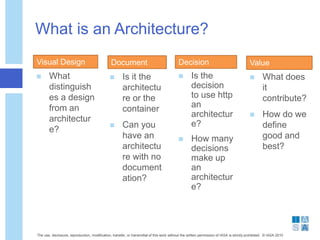 What is an Architecture?
The use, disclosure, reproduction, modification, transfer, or transmittal of this work without the written permission of IASA is strictly prohibited. © IASA 2010
DocumentVisual Design Decision
 Is it the
architectu
re or the
container
 Can you
have an
architectu
re with no
document
ation?
 What
distinguish
es a design
from an
architectur
e?
 Is the
decision
to use http
an
architectur
e?
 How many
decisions
make up
an
architectur
e?
Value
 What does
it
contribute?
 How do we
define
good and
best?
 