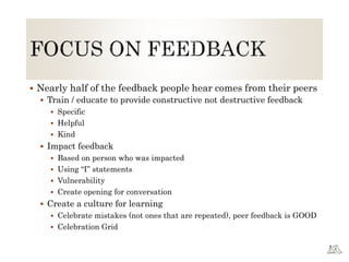  Nearly half of the feedback people hear comes from their peers
 Train / educate to provide constructive not destructive feedback
 Specific
 Helpful
 Kind
 Impact feedback
 Based on person who was impacted
 Using “I” statements
 Vulnerability
 Create opening for conversation
 Create a culture for learning
 Celebrate mistakes (not ones that are repeated), peer feedback is GOOD
 Celebration Grid
 