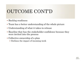  Backlog readiness
 Team has a better understanding of the whole picture
 Understanding of what it takes to release
 Baseline that has the stakeholder confidence because they
were invited into the process
 Collective ownership of a plan
 Outlines the impact of incoming work
 