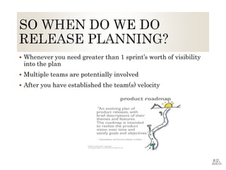  Whenever you need greater than 1 sprint’s worth of visibility
into the plan
 Multiple teams are potentially involved
 After you have established the team(s) velocity
 