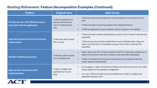 41
Backlog Refinement: Feature Decomposition Examples (Continued)
Pattern Original story Split stories
Provide the user with different ways to
input data into the application
I'd like the application to
help me with the list of
users I'm sharing a post
with
 I'd like to be able to pick people from a list of contacts I'm most often in touch
with
 I'd like to be able to search for people in the corporate directory
 I'd like the application to auto-complete a person's name as I am typing it.
Separate functional and non-functional
requirements
I'd like to be able to attach
files to a post
 I'd like to be able to attach multiple files to a post. It's OK if I have to add each one
separately.
 I'd like an easy way to attach multiple files to a post. Multiple select, drag-and-
drop or any other form is acceptable so long as I don't have to add each file
separately.
Identify workflow boundaries
I'd like the system to assist
me in creating a post
 When I add a post title, I'd like the system to look for similar posts and give me an
option to comment or edit them instead so as to avoid effort duplication
 I'd like to link data from other posts into the post I am creating and have the
system update it automatically
Split out the research from the
implementation
I'd like to configure the
application to my own
taste
 As an engineer, I need a framework to handle user preferences so that I can make
certain aspects of the application configurable
 As a user, I'd like to be able to set user preferences in order to configure the
application the way I like it
 