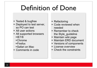 Deﬁnition of Done
     •   Tested & bugfree           •   Refactoring
     •   Deployed to test server,   •   Code reviewed when
         so PO can test                 needed
     •   All user actions           •   Remember to check
     •   All supported browsers         the Style_guideline
         • IE7/8                    •   Maintain wiki page
         • Chrome                   •   Maintain ERD document
         • Firefox                  •   Versions of components
         • Safari on Mac            •   License overview
     •   Comments in code           •   Check the constraints




43
 