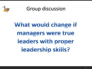 15Group discussionWhat would change if managers were true leaders with proper leadership skills?