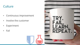 Culture
• Continuous improvement
• Involve the customer
• Experiment
• Fail
 