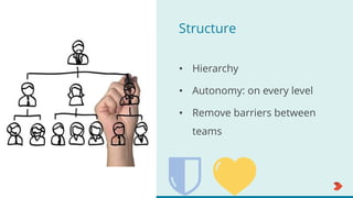 Structure
• Hierarchy
• Autonomy: on every level
• Remove barriers between
teams
 