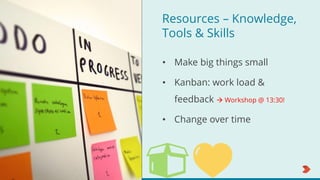 Resources – Knowledge,
Tools & Skills
• Make big things small
• Kanban: work load &
feedback  Workshop @ 13:30!
• Change over time
 