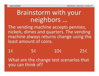 Brainstorm with your
neighbors …
AGILE TESTING @fadistephan | @excellaco | excella.com
The vending machine accepts pennies,
nickels, dimes and quarters. The vending
machine always returns change using the
least amount of coins.
1¢ 5¢ 10¢ 25¢
What are the change test scenarios that
you can think of?
 