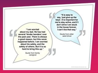 “I am worried
about my dad. He has had
several ‘fender benders’ over
the past year. There is always
a good reason, but this never
happened before. I am worried
about his safety, and the
safety of others. But it is so
hard to bring this up.”

“It is easy to
say, ‘just give up the
keys’. It is important for
me to stay active, and if I
don’t drive I am stuck
in the house forever.
I can’t live that way.”
Quote from older
adult driver

Quote from family
caregiver

© 2013 Griswold International, LLC

 