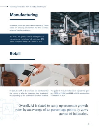 10
Technology trends 2023-2024: AI and Big Data Analytics
Retail
In retail, the shift to E-commerce has fast-forwarded
the crunch of effective customer data processing,
thus speeding up the proliferation of smart analytics.
The global AI in retail market size is expected to grow
at a CAGR of 23.9% from 2022 to 2030, starting from
$5.79 billion in 2021.
Manufacturing
In manufacturing, precursors like the Internet of Things
create an enabling environment for the seamless
advent of intelligent systems.
By 2030, the global Artificial Intelligence in
manufacturing market size will reach over $78
million, compared with $2,963 million in 2021.
Overall, AI is slated to ramp up economic growth
rates by an average of 1.7 percentage points by 2035
across 16 industries.
 