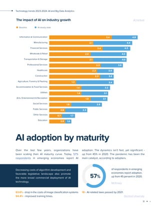 11
Technology trends 2023-2024: AI and Big Data Analytics
AI adoption by maturity
The impact of AI on industry growth
Information & Communication
Manufacturing
Financial Services
Wholesale & Retail
Transportation & Storage
Professional Services
Healthcare
Construction
Agriculture, Forestry & Flashing
Accommodation & Food Services
Utilities
Arts, Entertainment & Recreation
Social Services
Public Services
Other Services
Education
3.4 4.8
2.1 4.4
2.4 4.3
2.0
2.1
2.3
2.2
2.3
1.3
1.4
1.4
1.9
1.6
0.9
0.7
0.9
4.0
4.0
3.8
3.4
3.4
3.4
3.2
3.1
3.1
2.8
2.3
1.7
1.6
Baseline AI steady state
Over the last few years, organizations have
been scaling their AI maturity curve. Today, 57%
respondents in emerging economies report AI
adoption. The dynamics isn’t fast, yet significant -
up from 45% in 2020. The pandemic has been the
main catalyst, according to adopters.
57%
of respondents in emerging
economies report adoption,
up from 45 persent in 2020.
McKinsey
Decreasing costs of algorithm development and
favorable legislative landscape also promote
the more broad commercial deployment of AI
technology.
63.6% - drop in the costs of image classification systems
94.4% - improved training times.
18 - AI-related laws passed by 2021.
Accenture
Stanford University
 