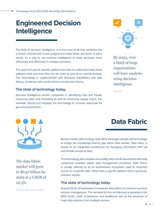 18
Technology trends 2023-2024: AI and Big Data Analytics
Engineered Decision
Intelligence
The field of decision intelligence is a new area of AI that combines the
scientific method with human judgment to make better decisions. In other
words, it's a way to use machine intelligence to make decisions more
effectively and efficiently in complex scenarios.
The goal isn't just to identify patterns but also to understand why those
patterns exist and how they can be used as part of an overall strategy.
The technology is supplemented with AI-based capabilities and data
fabrics, combined with social science and decision theory.
The state of technology today:
Decision intelligence assists companies in identifying risks and frauds,
improving sales and marketing as well as enhancing supply chains. For
example, Mastercard employs the technology to increase approvals for
genuine transactions.
By 2023, over
a third of large
organizations
will have analysts
using decision
intelligence.
Gartner
Data Fabric
Being a holistic data strategy, data fabric leverages people and technology
to bridge the knowledge-sharing gap within data estates. Data fabric is
based on an integrated architecture for managing information with full
and flexible access to data.
The technology also revolves around Big data and AI approaches that help
companies establish elastic data management workflows. Data Fabric
is usually referred to as an autonomous ecosystem used to maximize
access to corporate data, rather than a specific platform from a particular
software vendor.
The state of technology today
Around 26.4% of businesses incorporate data fabrics to enhance business
process management. The demand for this architecture is growing in the
BFSI sector, retail, ecommerce, and healthcare due to the presence of
huge data volumes from multiple sources.
The data fabric
market will grow
to $6.97 billion by
2029 at a CAGR of
22.3%.
Fortune Business Insights
 