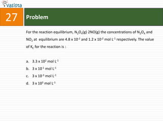 Problem27For the reaction equilibrium, N2O4(g) 2NO(g) the concentrations of N2O4 and NO2 at  equilibrium are 4.8 x 10-2 and 1.2 x 10-2 mol L-1 respectively. The value of KC for the reaction is :  3.3 x 102 mol L-13 x 10-1 mol L-13 x 10-3 mol L-13 x 103 mol L-1