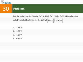 Problem30For the redox reaction Zn(s) + Cu2+ (0.1 M)  Zn2+ (1M) + Cu(s) taking place in a cell, E0Cell is 1.10 volt. Ecell for the cell will be  2.14 V1.80 V1.07 V0.82 V