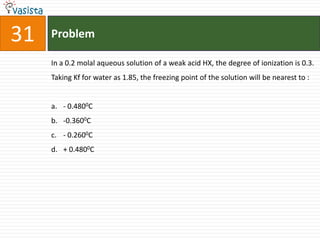 Problem31In a 0.2 molal aqueous solution of a weak acid HX, the degree of ionization is 0.3. Taking Kf for water as 1.85, the freezing point of the solution will be nearest to :  - 0.4800C-0.3600C- 0.2600C+ 0.4800C