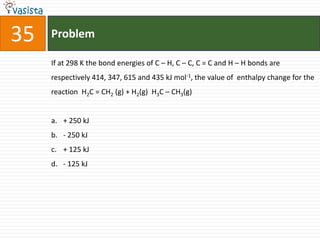 Problem35If at 298 K the bond energies of C – H, C – C, C = C and H – H bonds are respectively 414, 347, 615 and 435 kJ mol-1, the value of  enthalpy change for the reaction  H2C = CH2 (g) + H2(g)  H3C – CH3(g) + 250 kJ- 250 kJ+ 125 kJ- 125 kJ