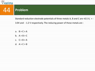 Problem44Standard reduction electrode potentials of three metals A, B and C are +0.5 V,  = - 3.0V and  - 1.2 V respectively. The reducing power of these metals are :  B > C > AA > B > CC > B > AA > C > B