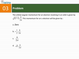 Problem03The orbital angular momentum for an electron revolving in an orbit is given by .                     This momentum for an s-electron will be given by : a. Zero b.c.d.