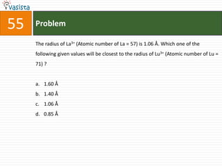 Problem55The radius of La3+ (Atomic number of La = 57) is 1.06 Å. Which one of the following given values will be closest to the radius of Lu3+ (Atomic number of Lu = 71) ? 1.60 Å1.40 Å1.06 Å0.85 Å