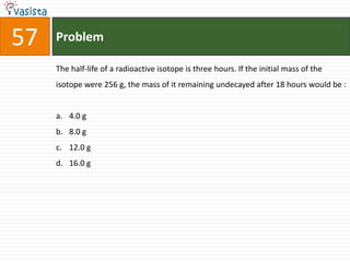 Problem57The half-life of a radioactive isotope is three hours. If the initial mass of the isotope were 256 g, the mass of it remaining undecayed after 18 hours would be :  4.0 g8.0 g12.0 g16.0 g