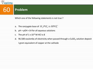 Problem60Which one of the following statements is not true ?  The conjugate base of pH + pOH =14 for all aqueous solutions The pH of 1 x 10-8 M HCl is 896.500 coulombs of electricity when passed through a CuSO4 solution deposit I gram equivalent of copper at the cathode 