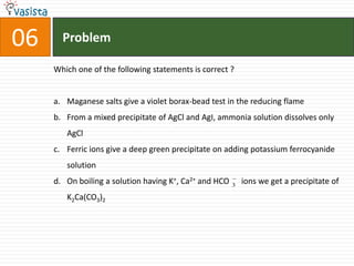 Problem06Which one of the following statements is correct ?  Maganese salts give a violet borax-bead test in the reducing flame From a mixed precipitate of AgCl and AgI, ammonia solution dissolves only AgClFerric ions give a deep green precipitate on adding potassium ferrocyanide solution On boiling a solution having K+, Ca2+ and HCO      ions we get a precipitate of K2Ca(CO3)2