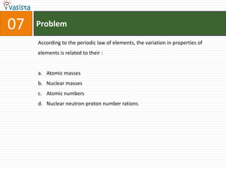 Problem07According to the periodic law of elements, the variation in properties of elements is related to their : Atomic masses Nuclear masses Atomic numbers Nuclear neutron-proton number rations 