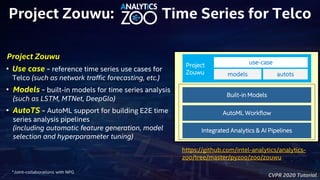 CVPR 2020 Tutorial
Project Zouwu: Time Series for Telco
Project Zouwu
• Use case - reference time series use cases for
Telco (such as network traffic forecasting, etc.)
• Models - built-in models for time series analysis
(such as LSTM, MTNet, DeepGlo)
• AutoTS - AutoML support for building E2E time
series analysis pipelines
(including automatic feature generation, model
selection and hyperparameter tuning)
Project
Zouwu
Built-in Models
ML Workflow AutoML Workflow
Integrated Analytics & AI Pipelines
use-case
models autots
*Joint-collaborations with NPG
https://github.com/intel-analytics/analytics-
zoo/tree/master/pyzoo/zoo/zouwu
 