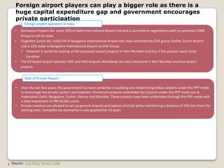 Foreign airport players can play a bigger role as there is a
     huge capital expenditure gap and government encourages
     private participation
          Foreign airport operators in India
    •   Germany’s Fraport AG. owns 10% in Delhi International Airport Ltd and is currently in negotiations with its promoter GMR
        Group to sell its stake.
    •   Flughafen Zurich AG holds 5% in Bangalore International Airport Ltd, now controlled by GVK group. Earlier, Zurich Airport
        sold a 12% stake in Bangalore International Airport to GVK Group
         However it would be looking at the proposed airport projects in Navi Mumbai and Goa if the prjoject seem to be
            lucrative
    •   The US-based airport operator ADC and HAS Airports Worldwide are also interested in Navi Mumbai and Goa airport
        projects


          Role of Private Players

    •   Over the last few years, the government has been proactive in building and modernizing Indian airports under the PPP mode
        to encourage the private sector’s participation. Prominent projects undertaken for airports under the PPP mode are at
        Hyderabad, Delhi, Bangalore, Cochin, Kannur and Mumbai. These projects have been undertaken through the PPP mode with
        a total investment of INR 20,041 crore.
    •   Private investors are allowed to set up general airports and captive airstrips while maintaining a distance of 150 kms from the
        existing ones. Complete tax exemption is also granted for 10 years




7 Source: Live Mint, Invest India
 