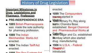 History of Drug Legislation
Important Milestones in
Drug Legislations and
Pharmacy Profession
■ PRE-INDEPENDENCE ERA
■ 1885 British Pharmacopoeia
was made the sole authority
for pharmacy profession.
■ 1889 The Indian
Merchandise Marks Act
enacted.
■ 1894 The Indian Tariff Act
enacted.
enacted
.■ 1899 The Compounders
trainingcourse started in
Madras.■ 1899 Achary P.c. Roy along
withKartic Chandra Bose
established Bengal Chemical
and Pharmaceutical Works at
Calcutta.■ 1905 Gajjar and Co. established
atBombay which also started
drug manufacturing.
■ 1906 In U.S.A. - Federal
Food &Drugs Act
introduced.
Akant/ACP
 