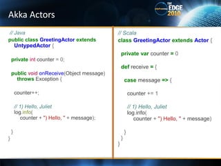 Akka Actors
// Java                                         // Scala
public class GreetingActor extends              class GreetingActor extends Actor {
   UntypedActor {
                                                    private var counter = 0
    private int counter = 0;
                                                    def receive = {
    public void onReceive(Object message)
      throws Exception {                                case message => {

        counter++;                                          counter += 1

        // 1) Hello, Juliet                                 // 1) Hello, Juliet
        log.info(                                           log.info(
            counter + ") Hello, " + message);                   counter + ") Hello, " + message)

    }                                                   }
}                                                   }
                                                }
 