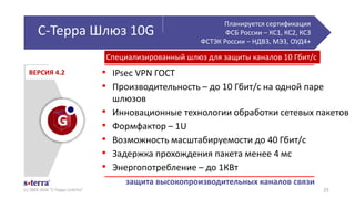 Специализированный шлюз для защиты каналов 10 Гбит/с
С-Терра Шлюз 10G
(с) 2003-2016 "С-Терра СиЭсПи" 25
• IPsec VPN ГОСТ
• Производительность – до 10 Гбит/с на одной паре
шлюзов
• Инновационные технологии обработки сетевых пакетов
• Формфактор – 1U
• Возможность масштабируемости до 40 Гбит/с
• Задержка прохождения пакета менее 4 мс
• Энергопотребление – до 1КВт
защита высокопроизводительных каналов связи
ВЕРСИЯ 4.2
Планируется сертификация
ФСБ России – КС1, КС2, КС3
ФСТЭК России – НДВ3, МЭ3, ОУД4+
 