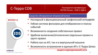 Средство обнаружения вторжений (атак)
С-Терра СОВ
(с) 2003-2016 "С-Терра СиЭсПи" 33
• Наглядный и функциональный графический интерфейс
• Гибкая система фильтров для отображения и поиска
событий
• Возможность создания собственных правил
• Удобное включение/отключение отдельных правил и
групп правил
• Работа как на АП, так и в виртуальной машине
• Возможность встраивания в единую АП с С-Терра Шлюз
защита корпоративной сети
Планируется сертификация
ФСТЭК России – СОВ 4, НДВ 4
ВЕРСИЯ 4.2
 