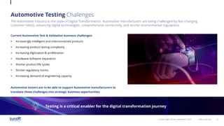 12www.luxoft.com
Automotive Testing Challenges
Current Automotive Test & Validation business challenges:
 Increasingly intelligent and interconnected products
 Increasing product testing complexity
 Increasing digitization & proliferation
 Hardware-Software separation
 Shorter product life cycles
 Stricter regulatory norms
 Increasing demand of engineering capacity
Automotive testers are to be able to support Automotive manufacturers to
translate these challenges into strategic business opportunities
The Automotive Industry in the state of Digital Transformation. Automotive manufacturers are being challenged by fast-changing
customer needs, advancing digital technologies, comprehensive connectivity, and stricter environmental regulations.
Testing is a critical enabler for the digital transformation journey
LoGeek Night Ukraine September 2020
 