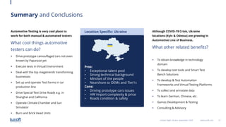 23www.luxoft.com
Summary and Conclusions
Automotive Testing is very cool place to
work for both manual & automated testers
What cool things automotive
testers can do?
 Drive prototype camouflaged cars not even
known by Paparazzi yet
 Execute tests in Virtual Environment
 Deal with the top megatrends transforming
businesses
 Set up and operate Test Farms in car
production line
 Drive Special Test Drive Roads e.g. in
Shanghai and California
 Operate Climate Chamber and Sun
Simulator
 Burn and brick Head Units
LoGeek Night Ukraine September 2020
Pros:
• Exceptional talent pool
• Strong technical background
• Mindset of the people
• Nearshore to OEMs and Tier1s
Cons:
• Driving prototype cars issues
• HW import complexity & price
• Roads condition & safety
Location Specific: Ukraine Although COVID-19 Crisis, Ukraine
locations (Kyiv & Odessa) are growing in
Automotive Line of Business.
What other related benefits?
 To obtain knowledge in technology
domain
 To develop test tools and Smart Test
Bench Solutions
 To develop & Test Automation
Frameworks and Virtual Testing Platforms
 To collect and annotate data
 To learn German, Chinese, etc.
 Games Development & Testing
 Consulting & Advisory
 