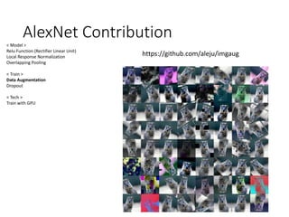 AlexNet Contribution
< Model >
Relu Function (Rectifier Linear Unit)
Local Response Normalization
Overlapping Pooling
< Train >
Data Augmentation
Dropout
< Tech >
Train with GPU
https://github.com/aleju/imgaug
 